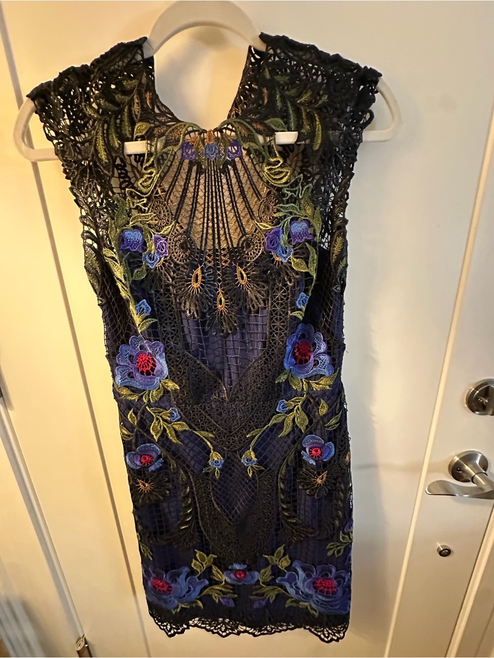 Karen Millen Black Lace Dress with Blue and Green Floral Embroidery